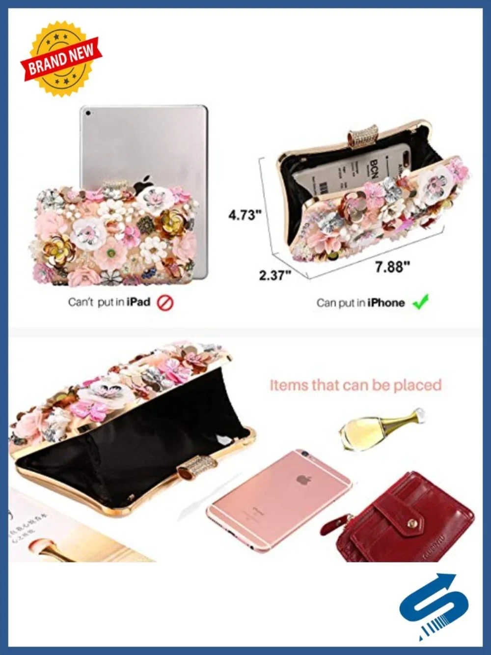 Floral Beaded Clutch Purse Satin Evening Bag with Chain